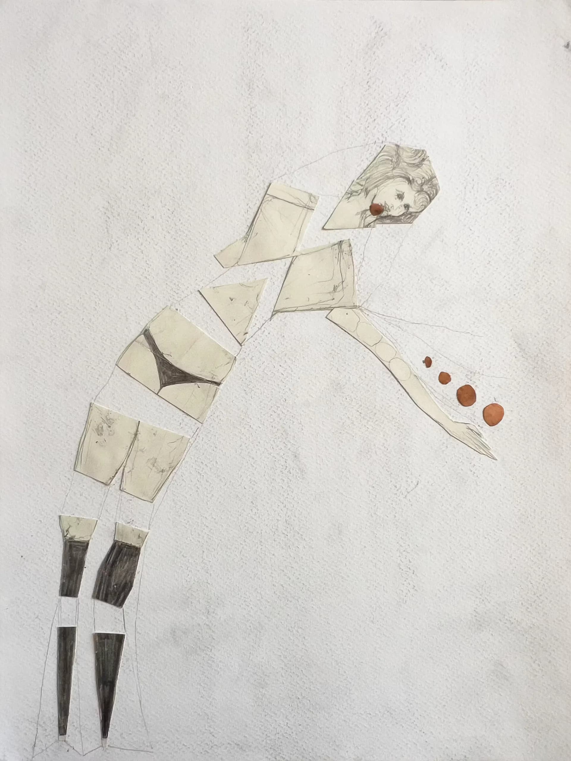 Figurative drawing on textured paper: segmented figure in cream and earth tones with dark striped legs and orange circular forms.
