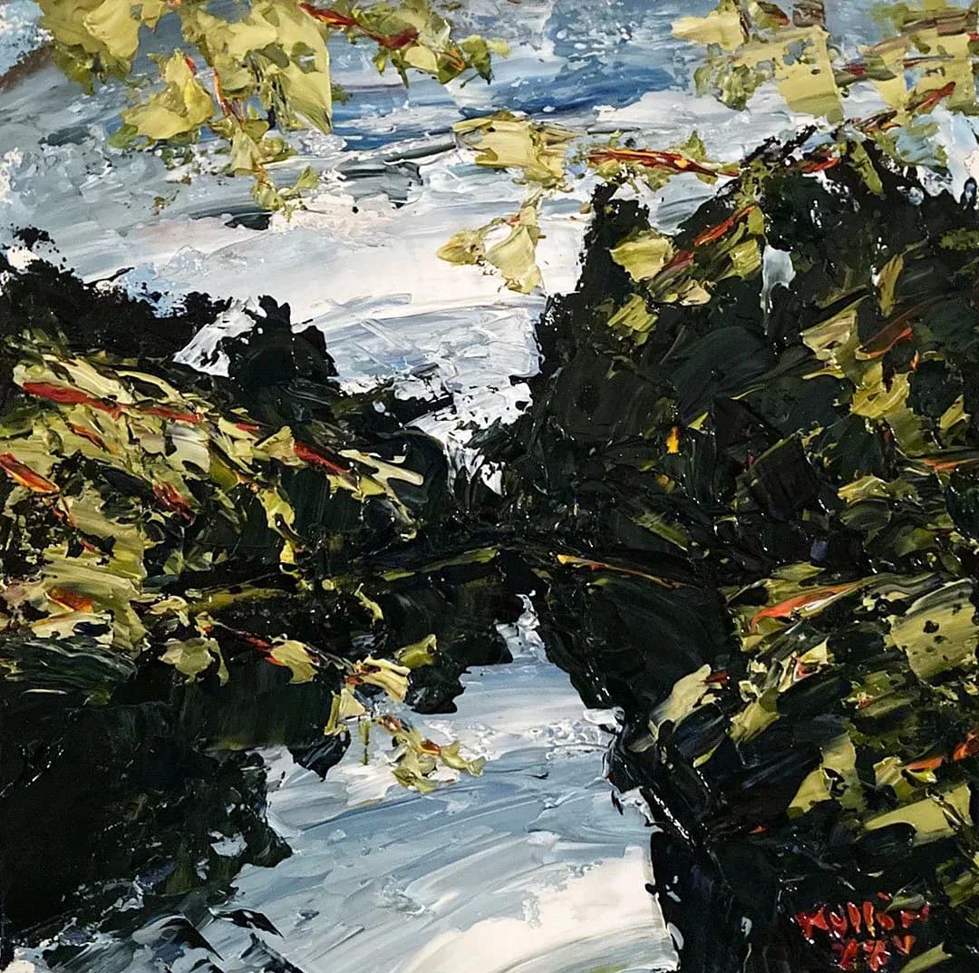 Abstract oil painting with thick black and yellow brushstrokes forming a landscape with a river or path through the center, blue sky.