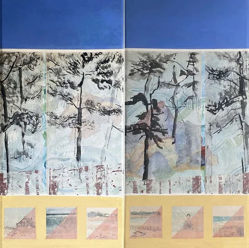 Mixed-media diptych with ink trees against a blue sky above, small watercolor landscape studies in yellow mat below, showing layered compositional studies.