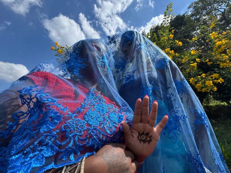 Outdoor site-specific installation of two large blue figures with red markings draped in blue netting; hand with symbol visible against cloudy sky.