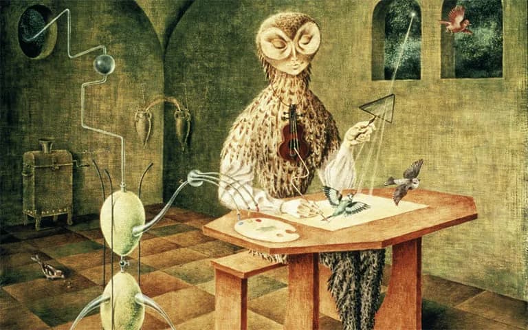 Surreal painting of an owl seated at a wooden desk in a studio, drawing or writing, surrounded by abstract geometric shapes and muted green-gold tones.