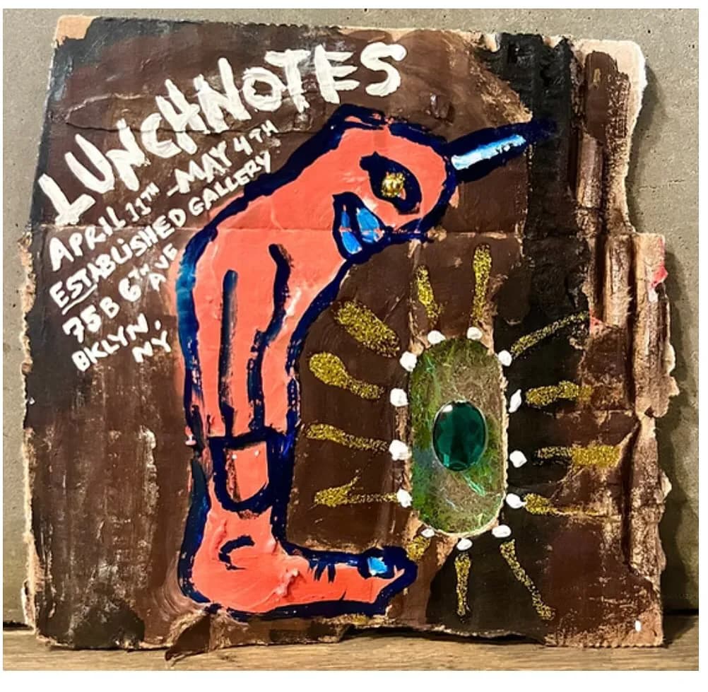 Mixed-media collage on weathered brown paper featuring a bold red-orange bird form with blue accents and a textured green circular eye.