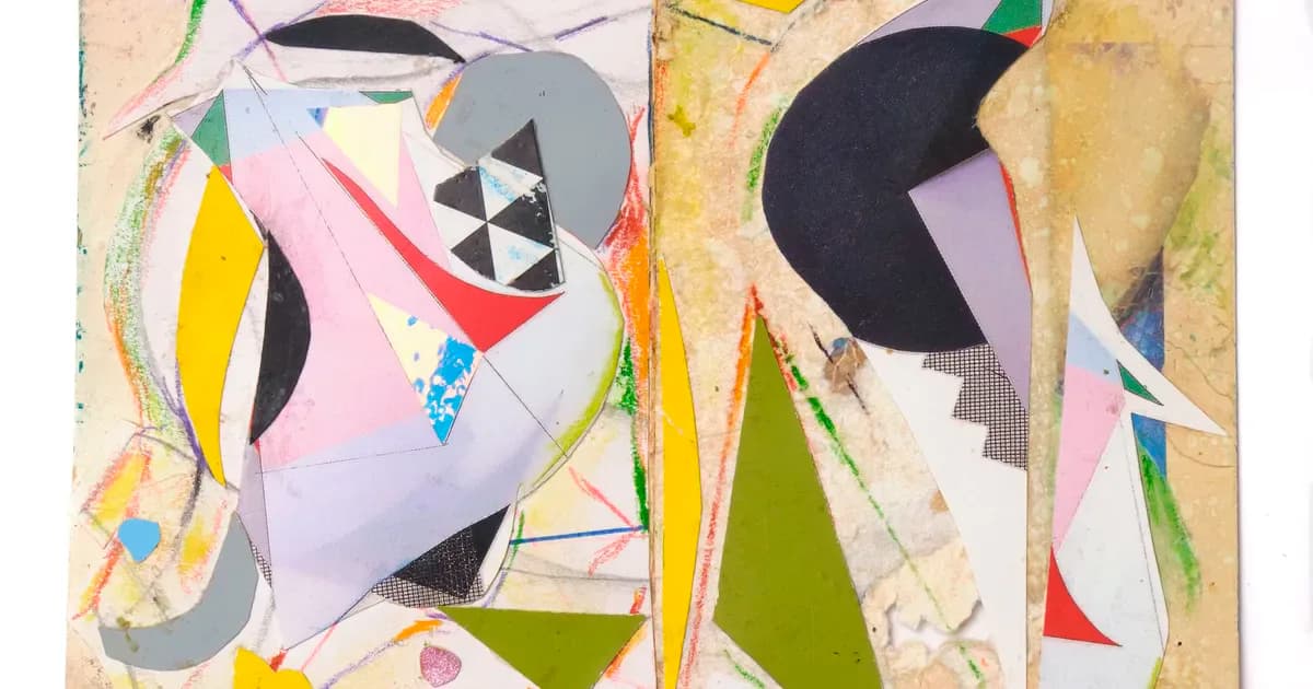 Abstract mixed-media painting with geometric shapes, bold colors including pink, yellow, black, and green, featuring circular and triangular forms on a layered collage background.