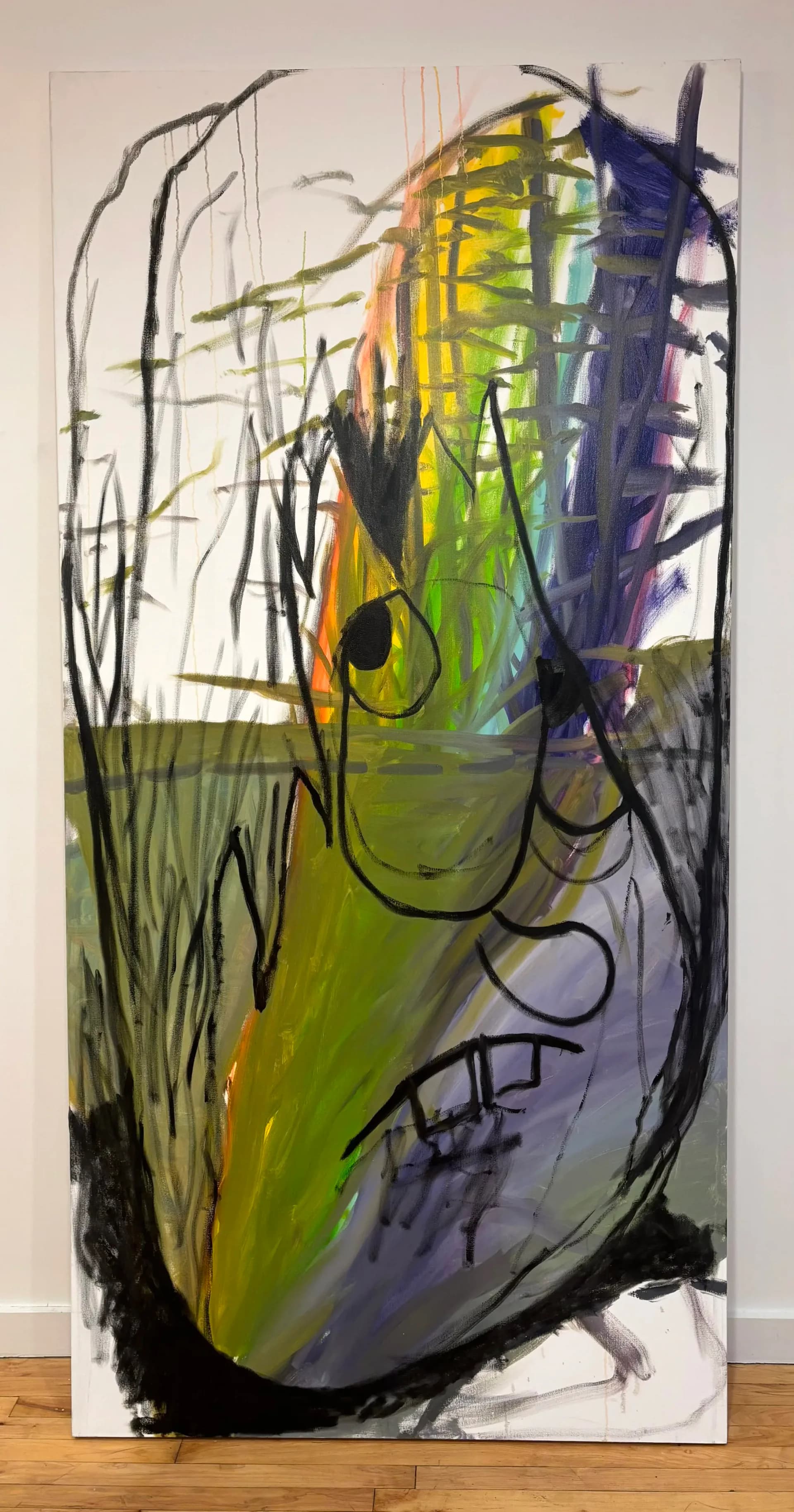 Mixed-media painting on canvas: abstract gestural head rendered in layered yellows, greens, purples, and blacks with linear charcoal marks creating linear detailing.