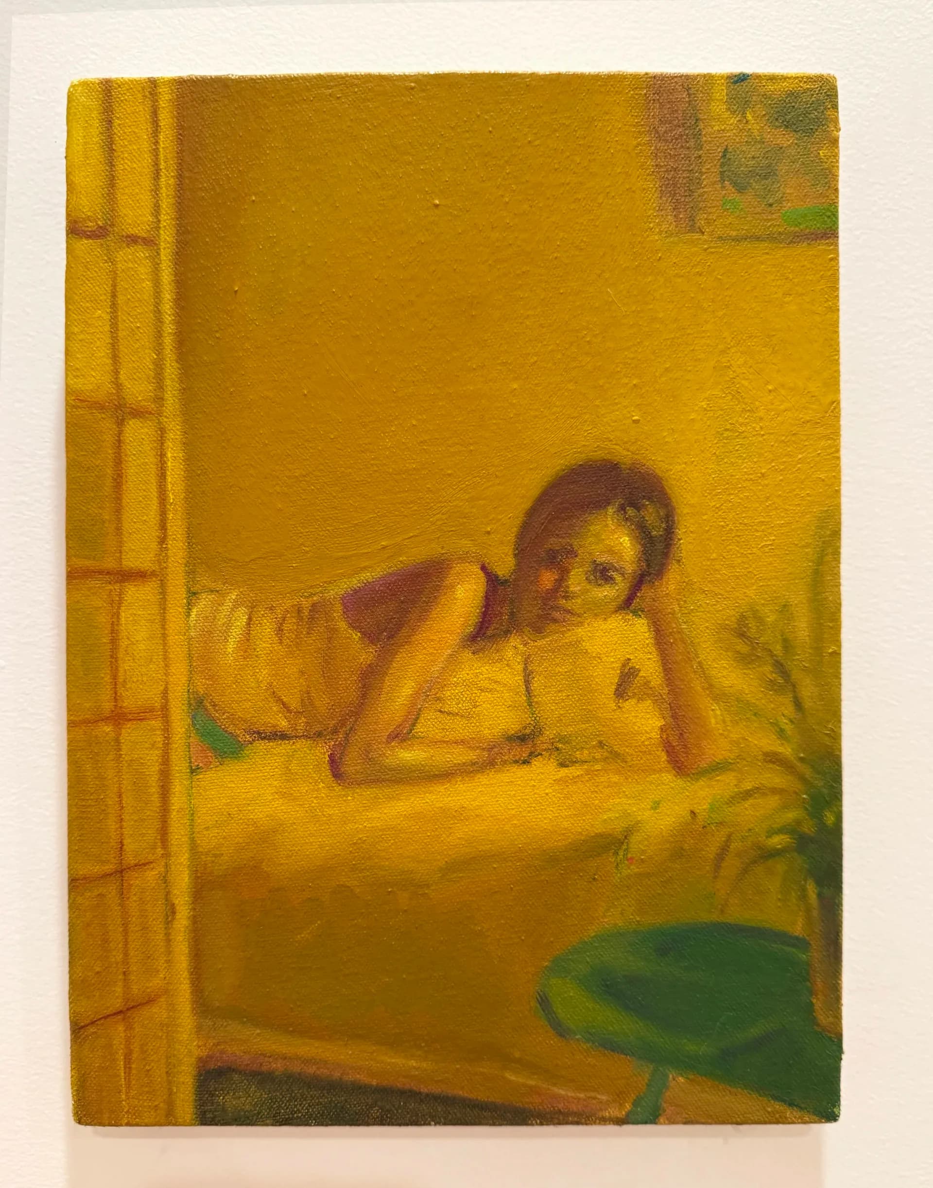 Monochromatic painting in warm ochre and brown tones depicting a reclining figure on a bed viewed through a doorway, minimalist interior scene.