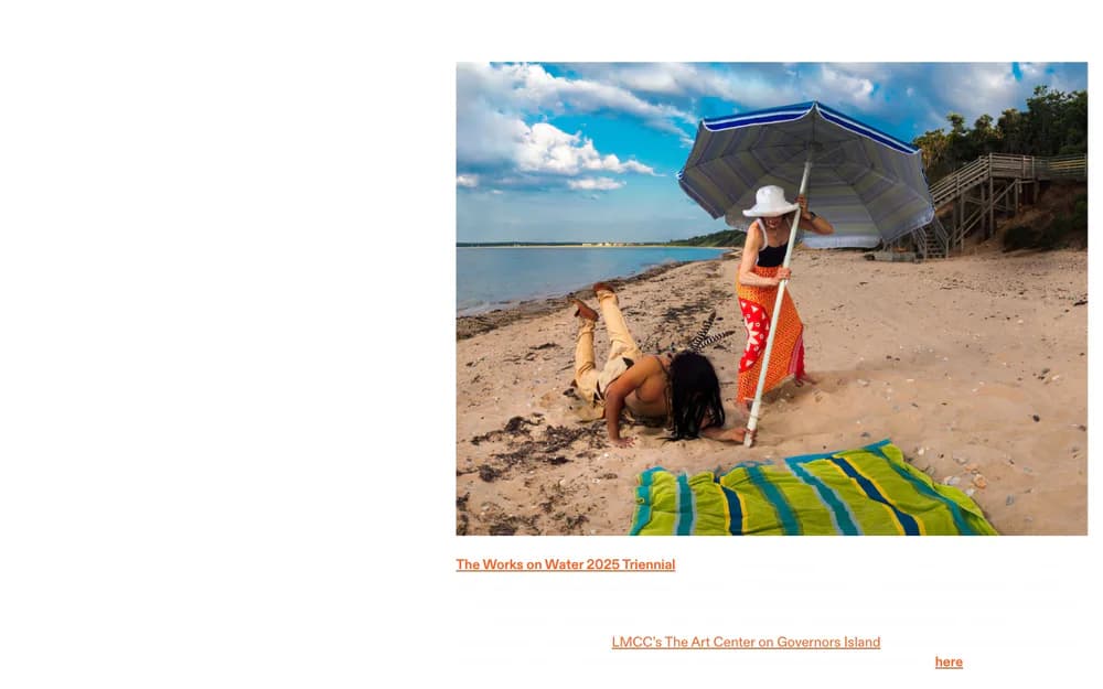 Beach scene with boat, person under umbrella, and striped yellow-green textile in foreground; Works on Water mixed-media installation.