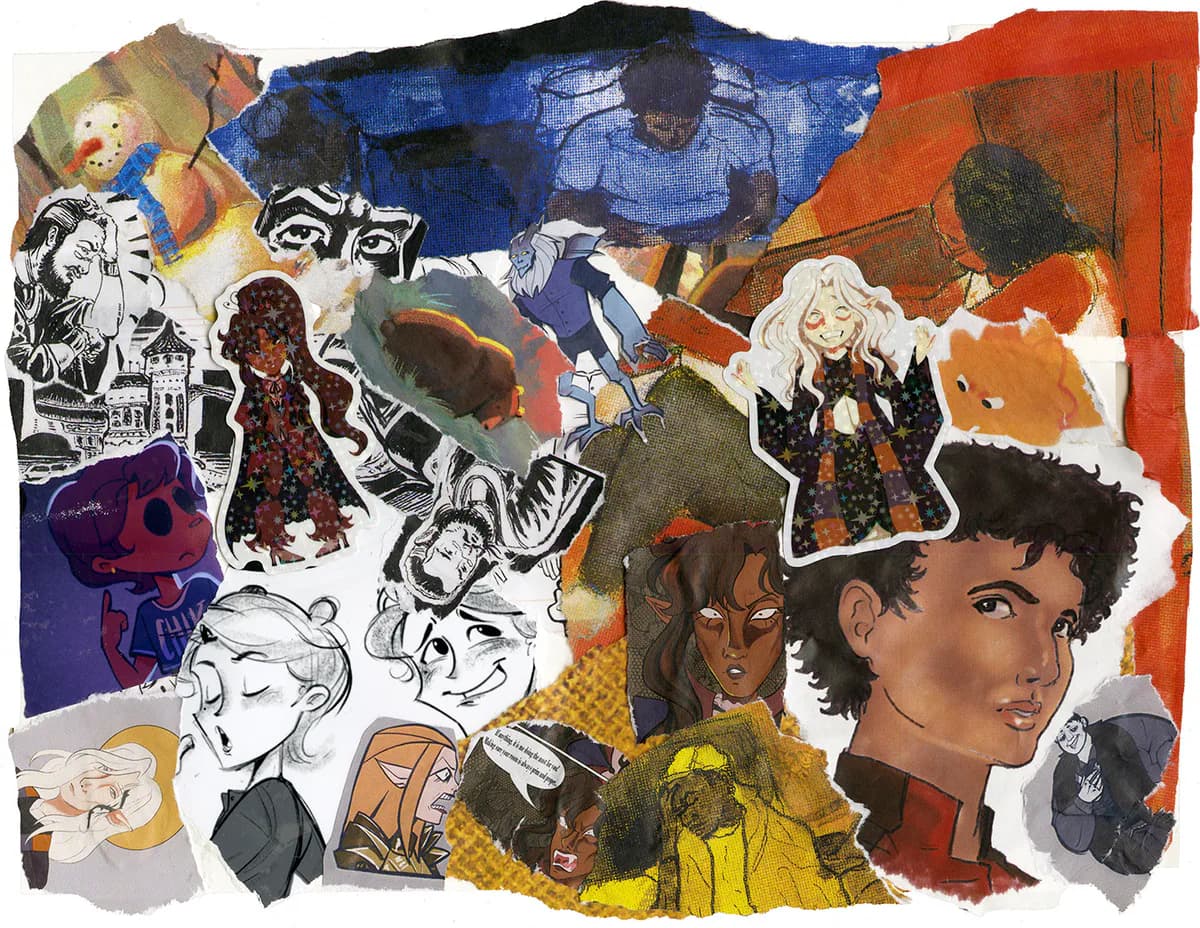 Vibrant mixed-media collage featuring diverse illustrated and photographic figures, portraits, and faces layered with bold colors including blue, red, yellow, and orange.