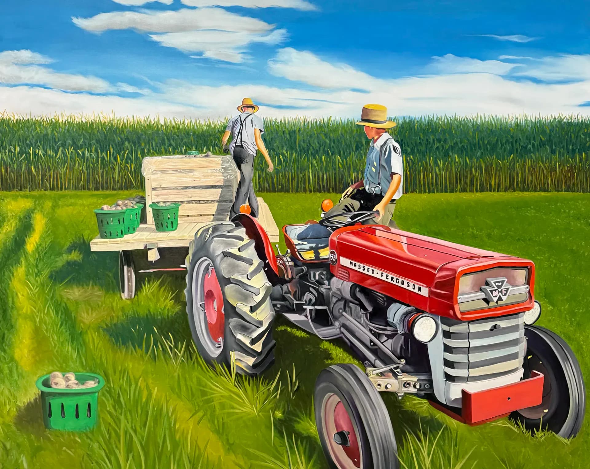 A vibrant oil painting depicting two farmers with a red tractor in a lush green field under a blue sky with white clouds.
