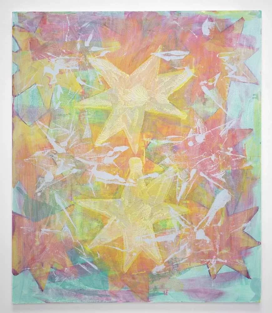 Abstract painting with overlapping yellow and orange star shapes on a multi-colored pastel background of pink, green, and blue.