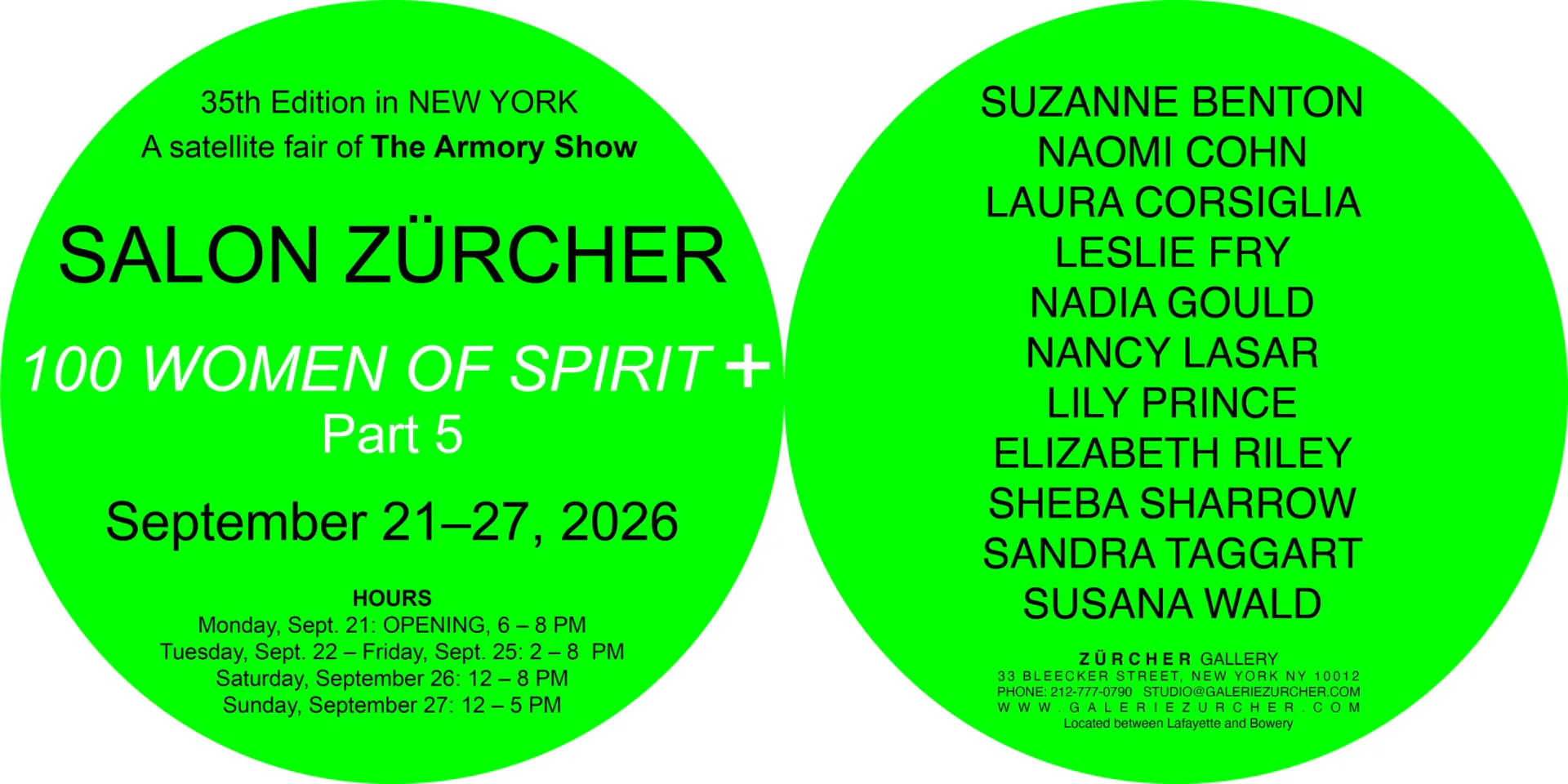 Bright green circular event announcement for Salon Zurcher's '100 Women of Spirit + Part 3' exhibition, September 21-27, 2026, listing participating artists.