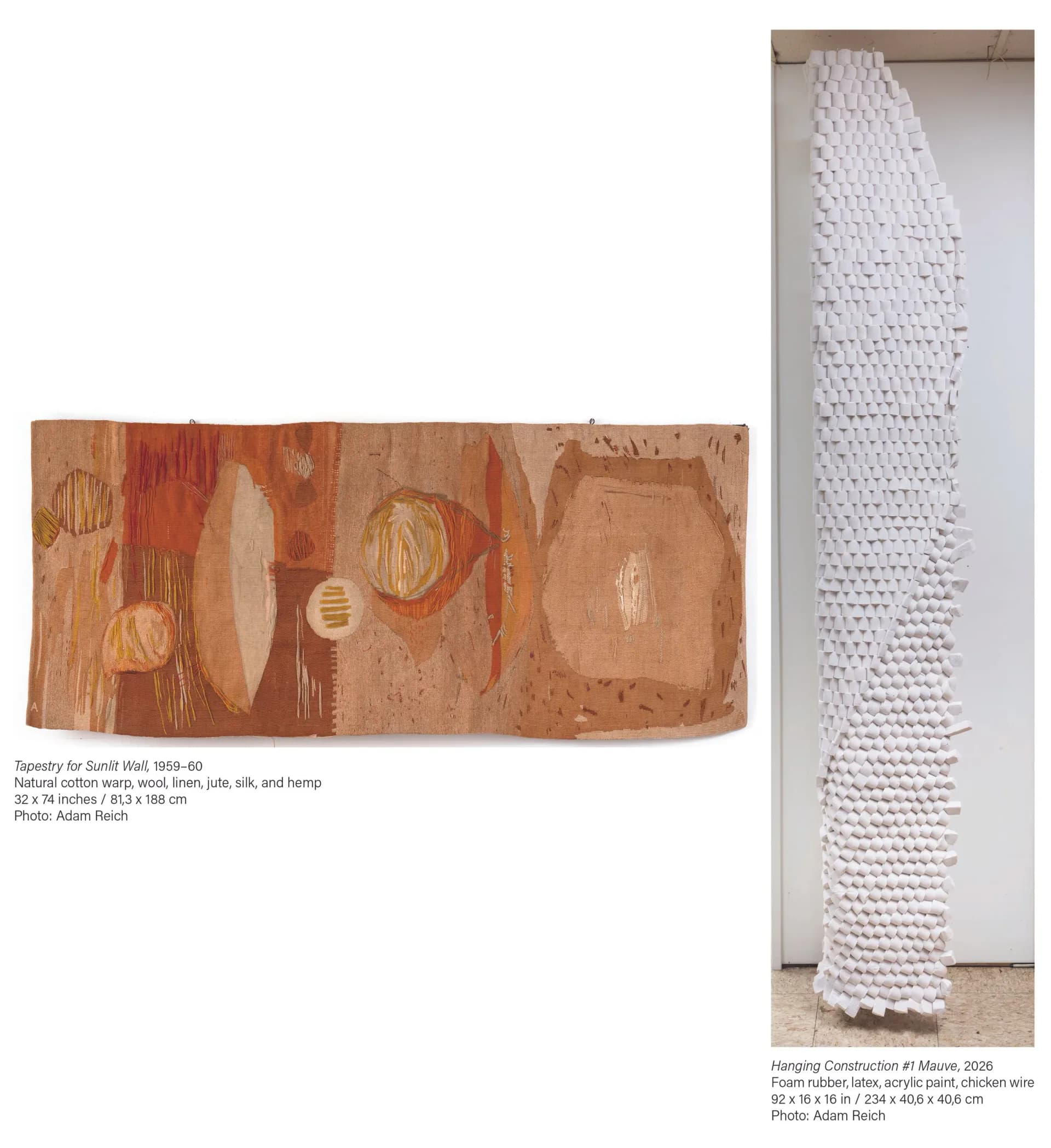 Two textile artworks: left shows rust-toned natural cotton with abstract circular woven patterns; right displays white crocheted or woven vertical installation piece.